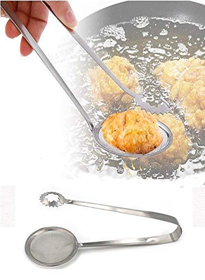 NOBILEA Kitchen Multi-Functional 2 in 1 Fry Tool Filter Spoon Snack Strainer with Clip, Oil Frying BBQ Filter Stainless Steel Mesh Colander Serving Tong Pakkad Strainer Kitchen Tool - Image 3